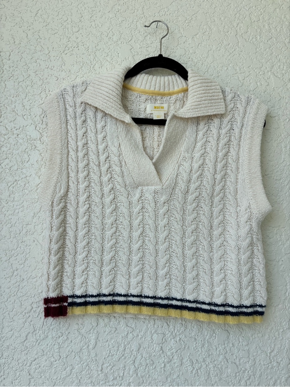Maeve anthropology cream Cable-Knit Sleeveless Sweater Vest with Contrast Trim